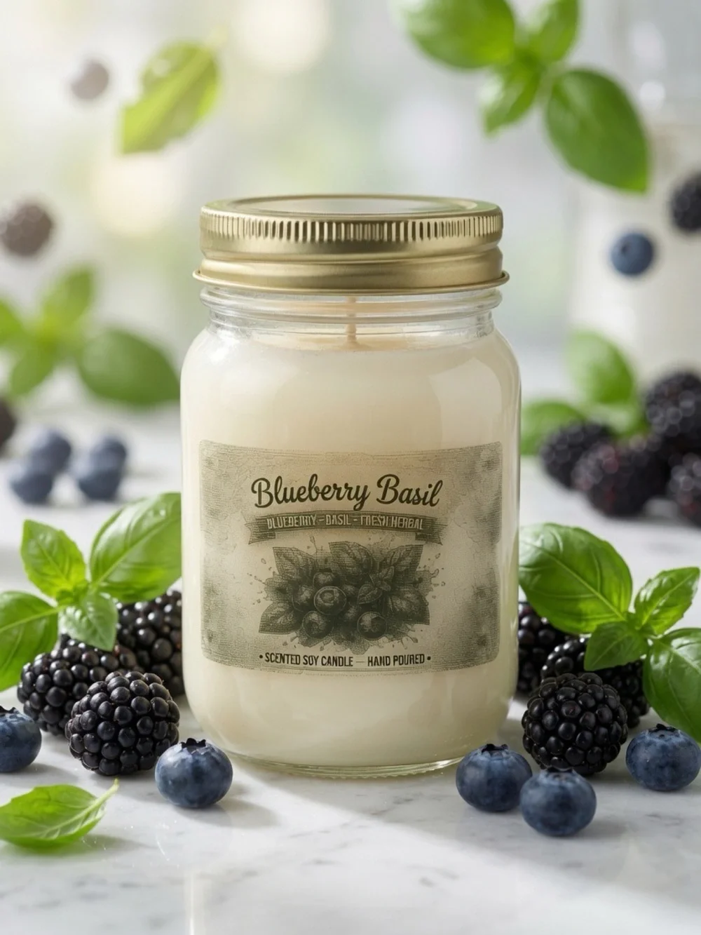 16oz Blueberry Basil Mason Jar Candle | Fresh Blueberry Basil Soy Wax Candle